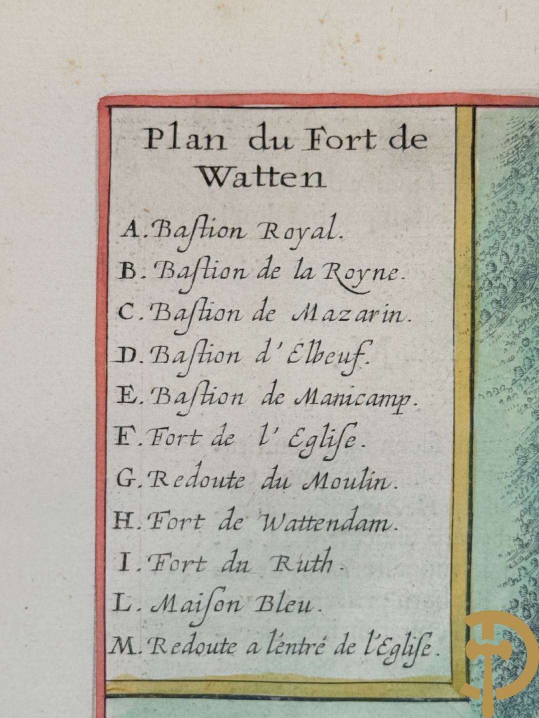 Oude origineel ingekleurde kaart plan du fort de Watten, Blaue