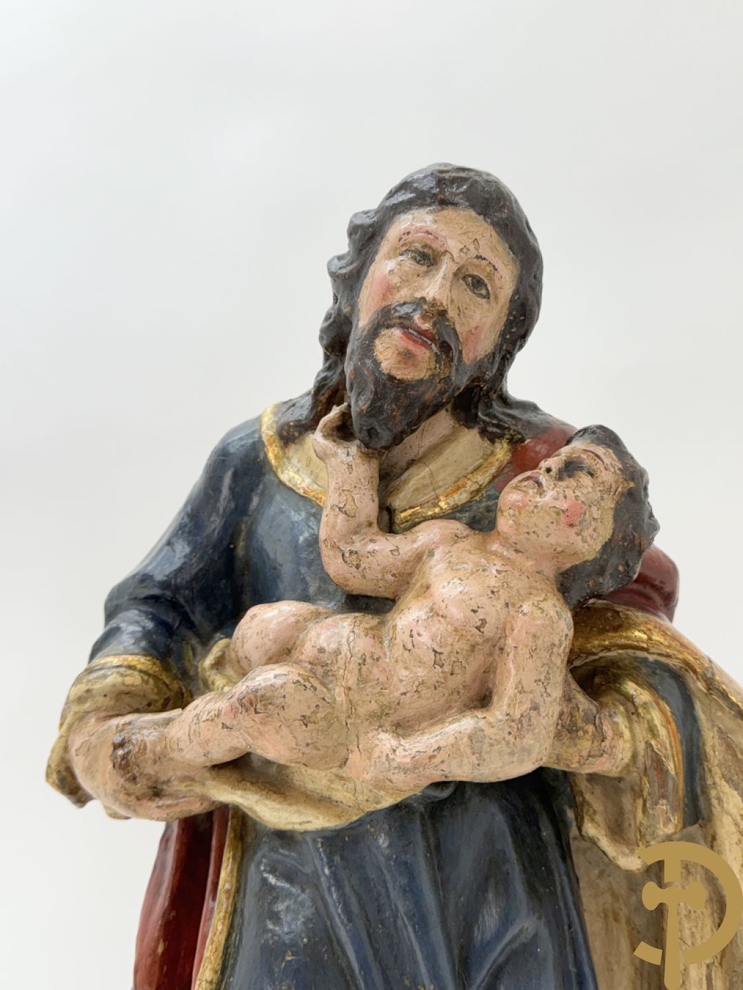 Gepolychromeerde houtsculptuur van Jozef met kindje Jezus