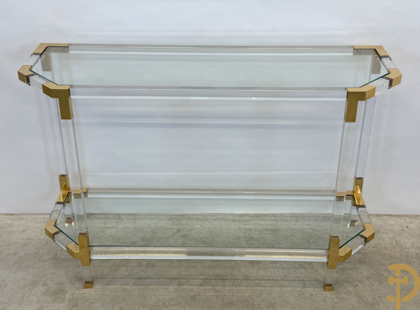 Twee plexi wandtafels met koperen ornamenten, jaren 
