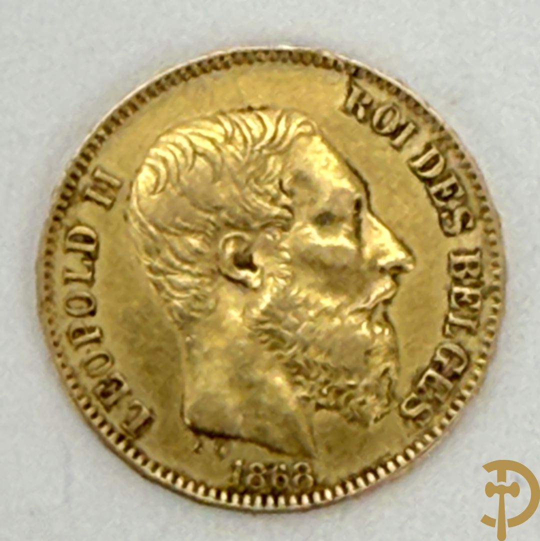 Belgische gouden 20 Franc uit 1868 met afbeelding van Leopold II
