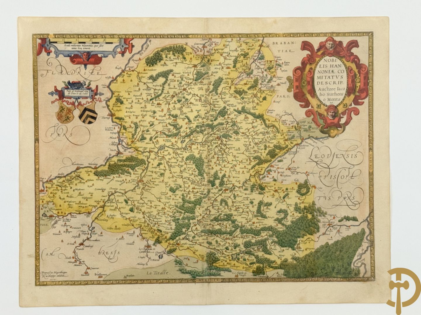 Oud handgekleurde kaart van Ortelius, zicht op Henegouwen, 1572