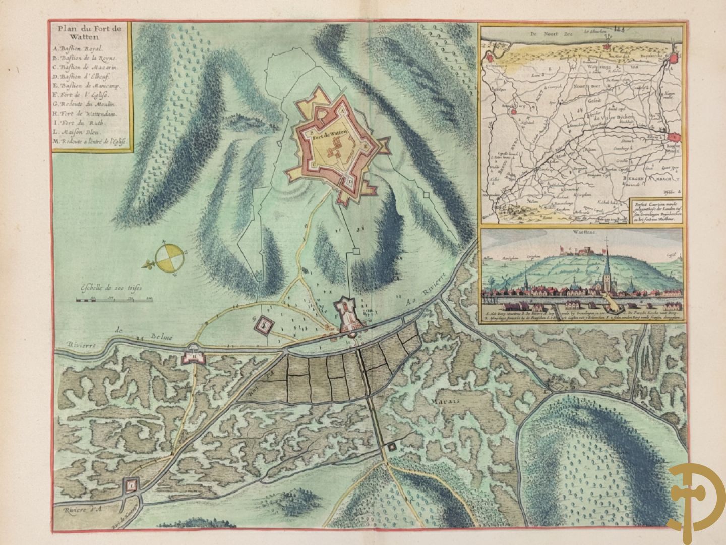 Oude origineel ingekleurde kaart plan du fort de Watten, Blaue