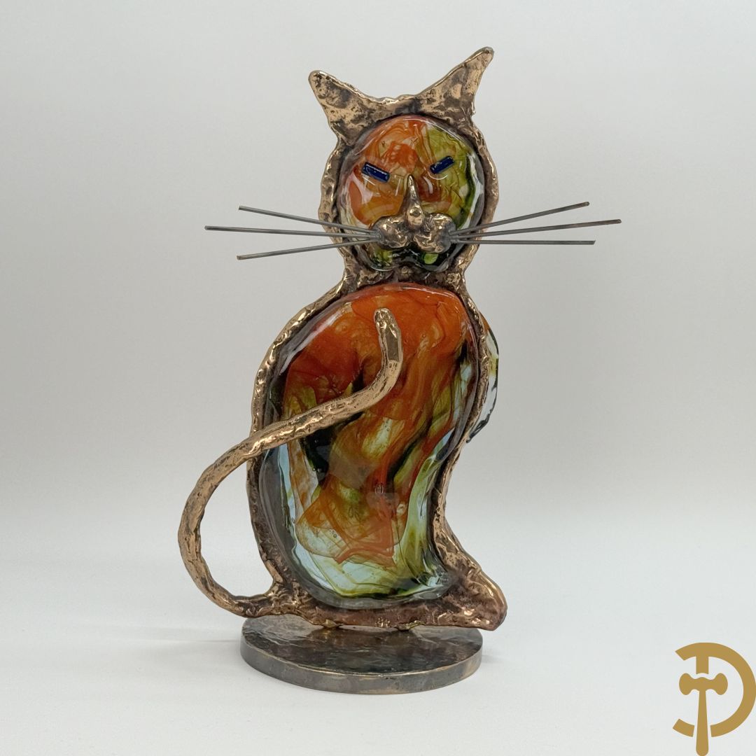 LOHE getekend - Bronssculptuur van poes met glaspasta