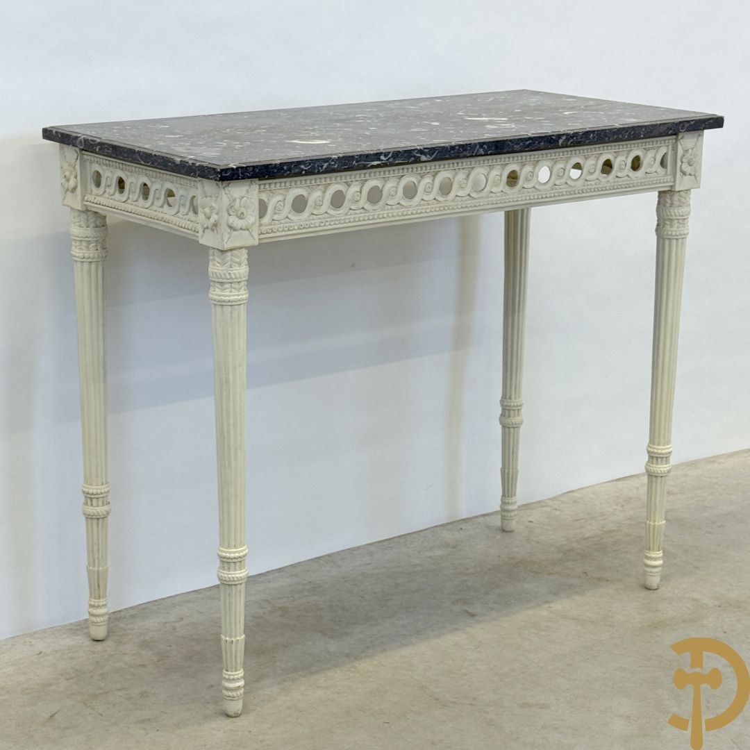 Houtgesculpteerde en gepolychromeerde Louis XVI console met grijs marmeren blad