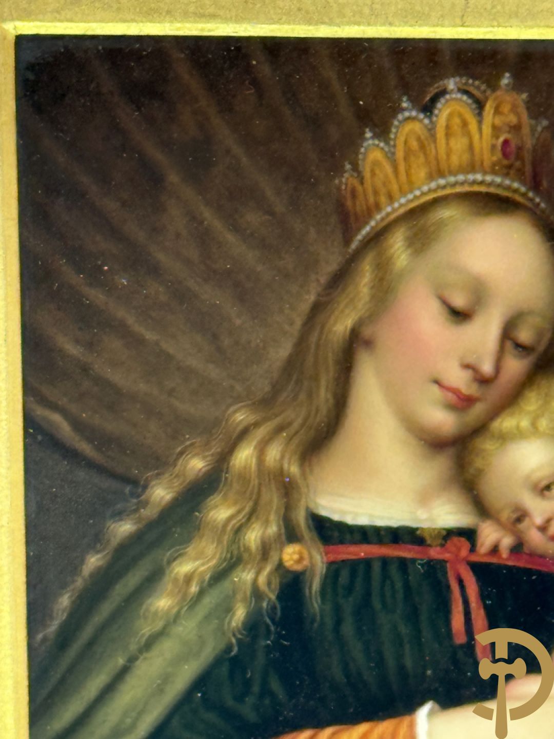Antieke schilderij met Madonna met kind op porselein beschilderd, naar HOLBEIN