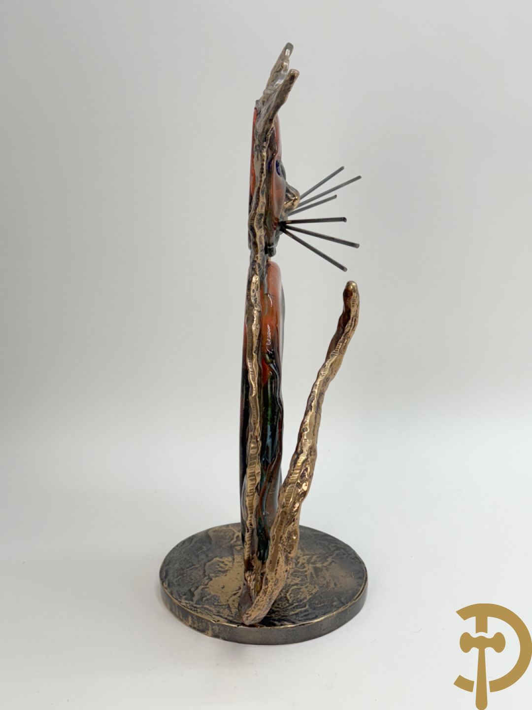 LOHE getekend - Bronssculptuur van poes met glaspasta