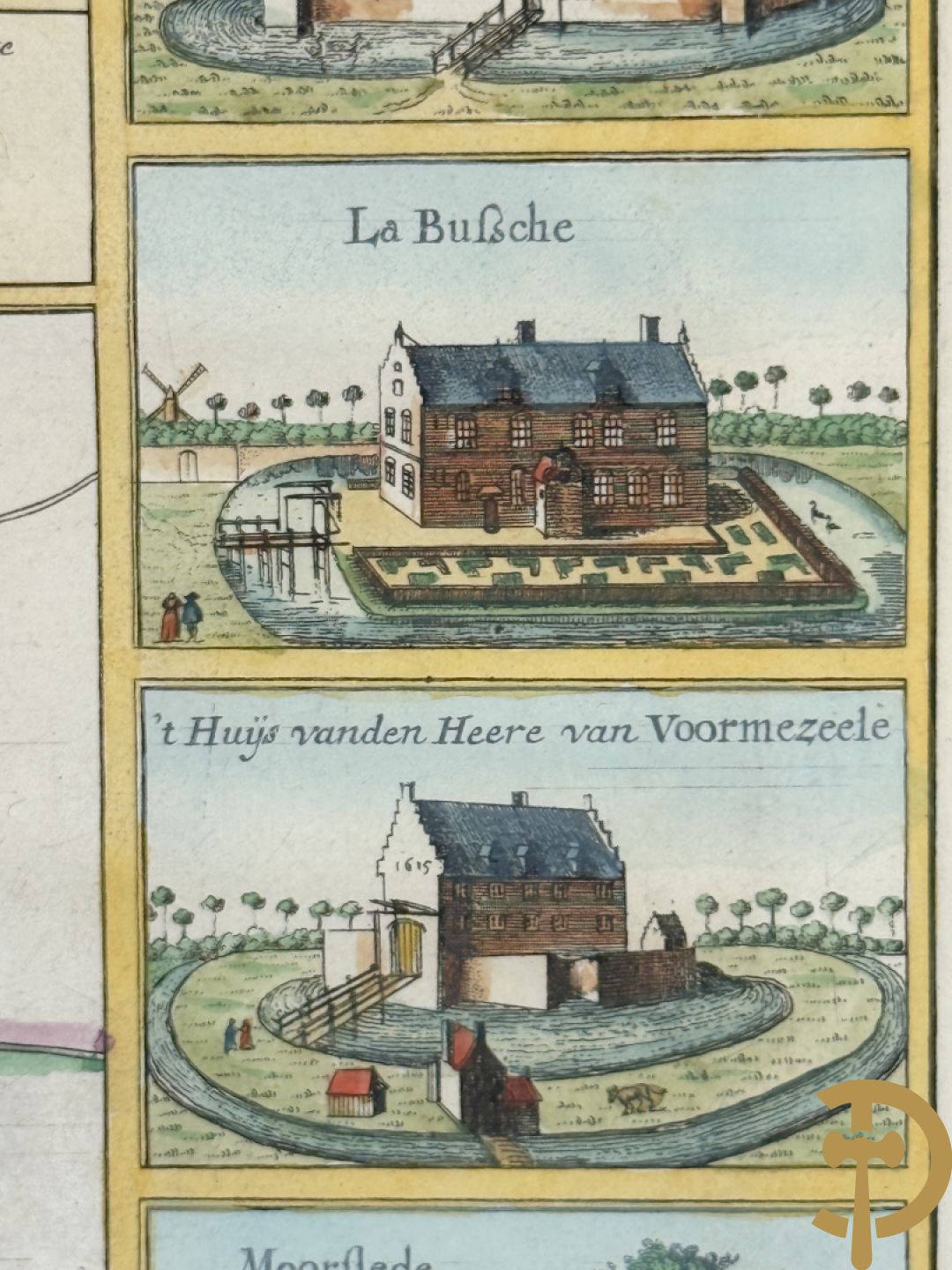 Oude kaart Sanderus met inzet van zicht op stad Ieper en kastelen rond de stad Ieper, 1641