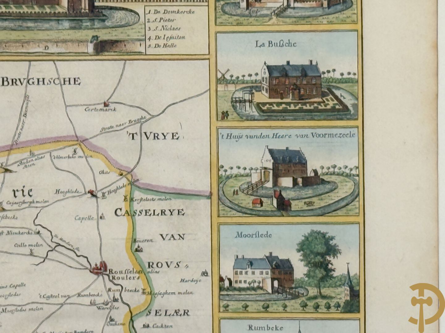 Oude kaart Sanderus met inzet van zicht op stad Ieper en kastelen rond de stad Ieper, 1641