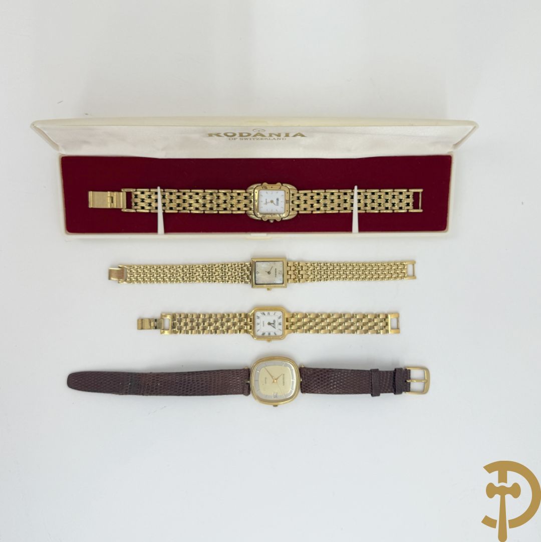 Drie dameshorloges met vergulde armband Rodania + herenuurwerk Rodania