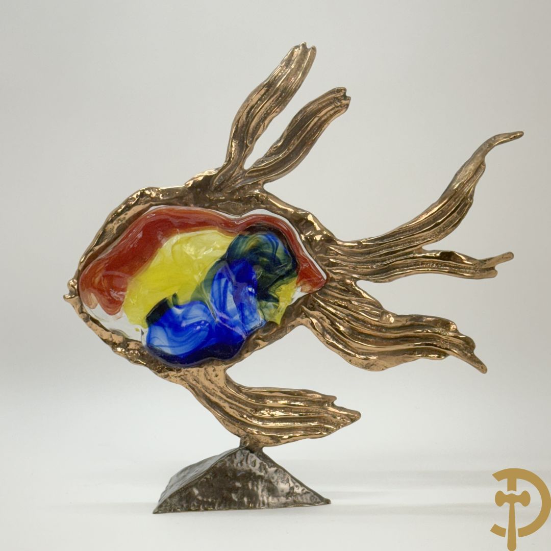 LOHE getekend - Bronssculptuur van vis met glaspasta