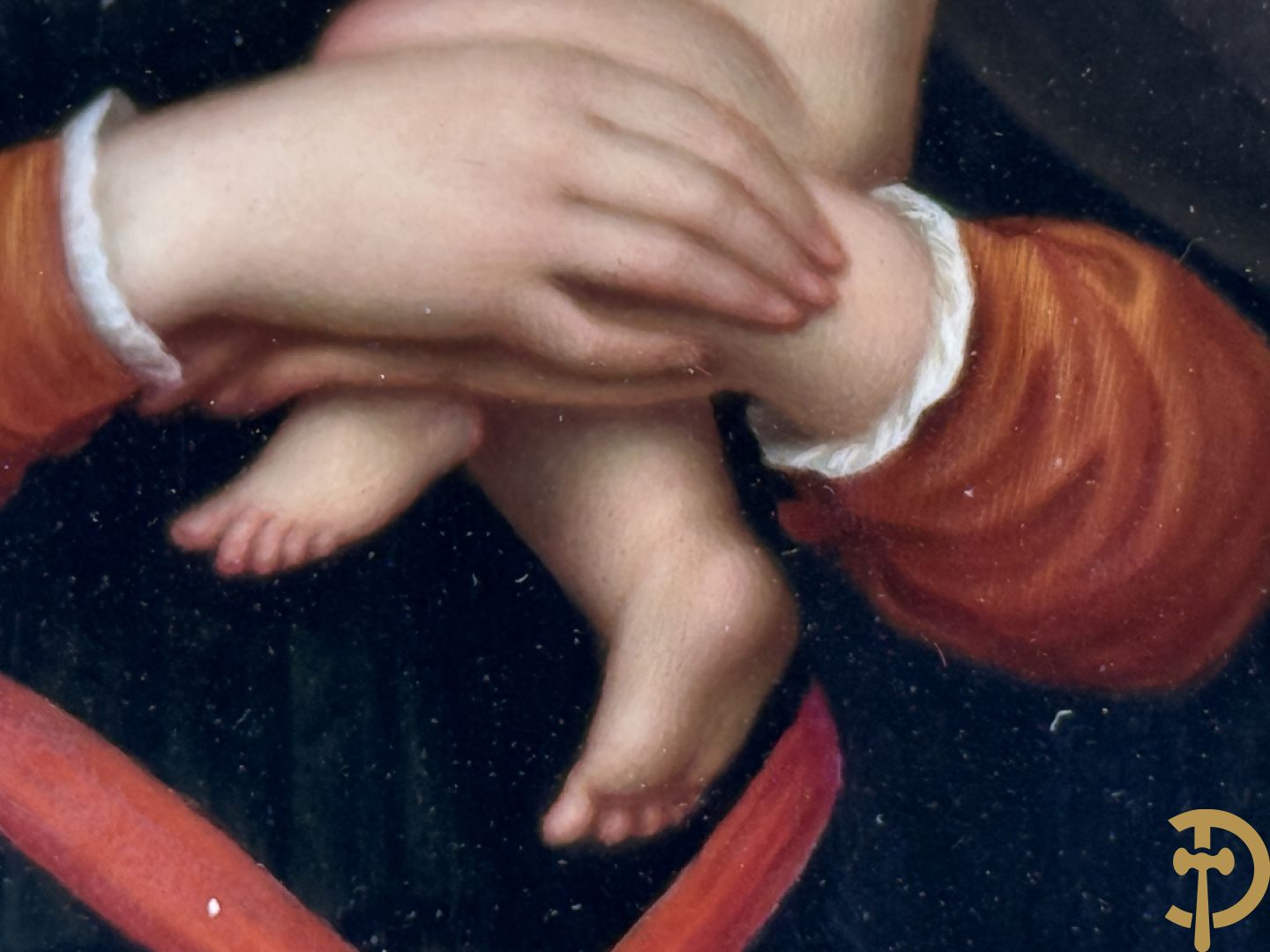 Antieke schilderij met Madonna met kind op porselein beschilderd, naar HOLBEIN