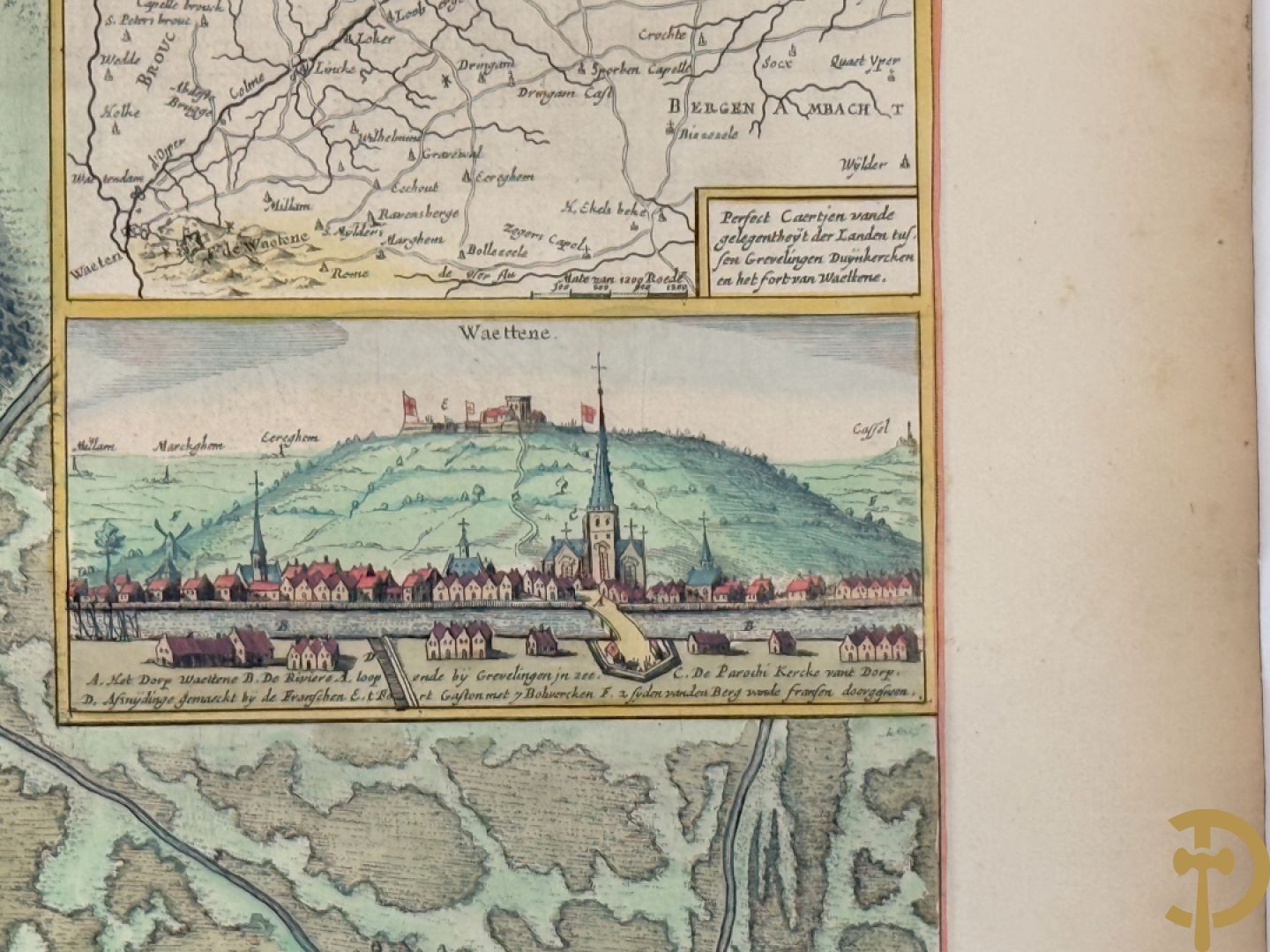 Oude origineel ingekleurde kaart plan du fort de Watten, Blaue