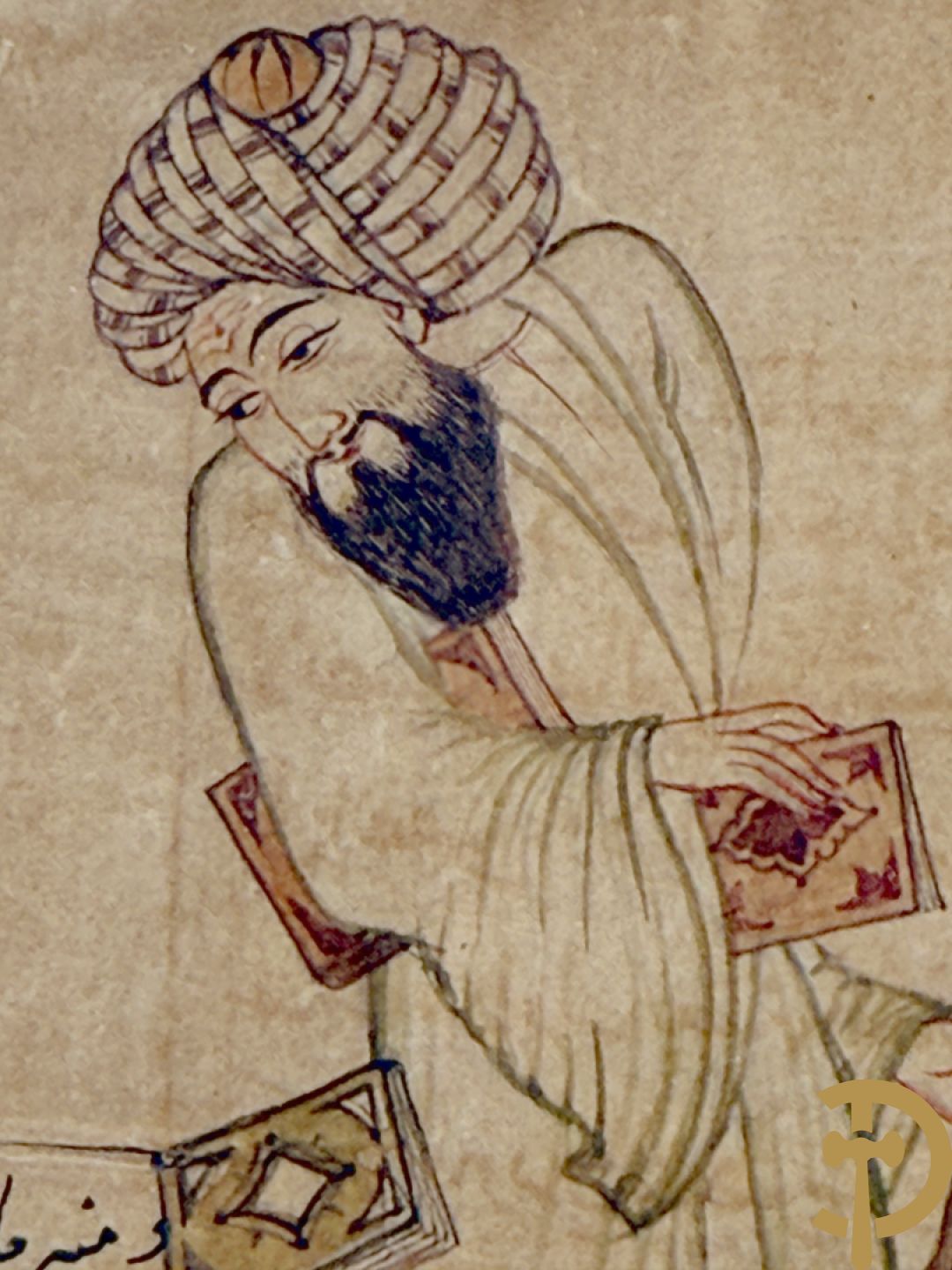 Oud manuscript van orientaalse wijsgeer met staf, waarschijnlijk Avicenna