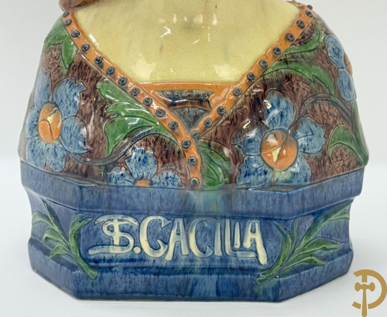 Vlaamse meerkleurige aardewerken Art Nouveau  buste Sint Cecilia