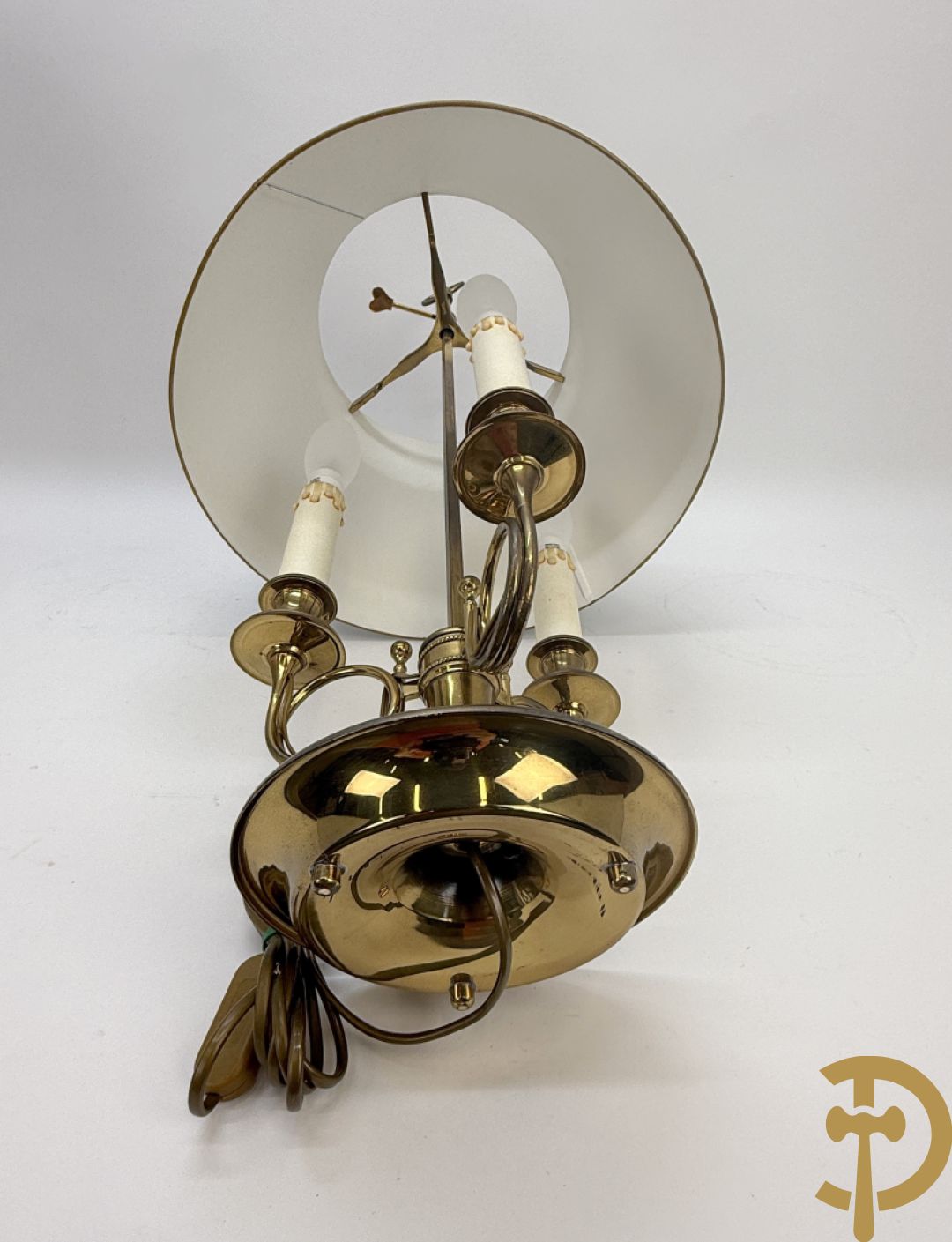 Twee koperen lampes bouillotte, 1 met bovenverlichting en 1 met kaarsenverlichting