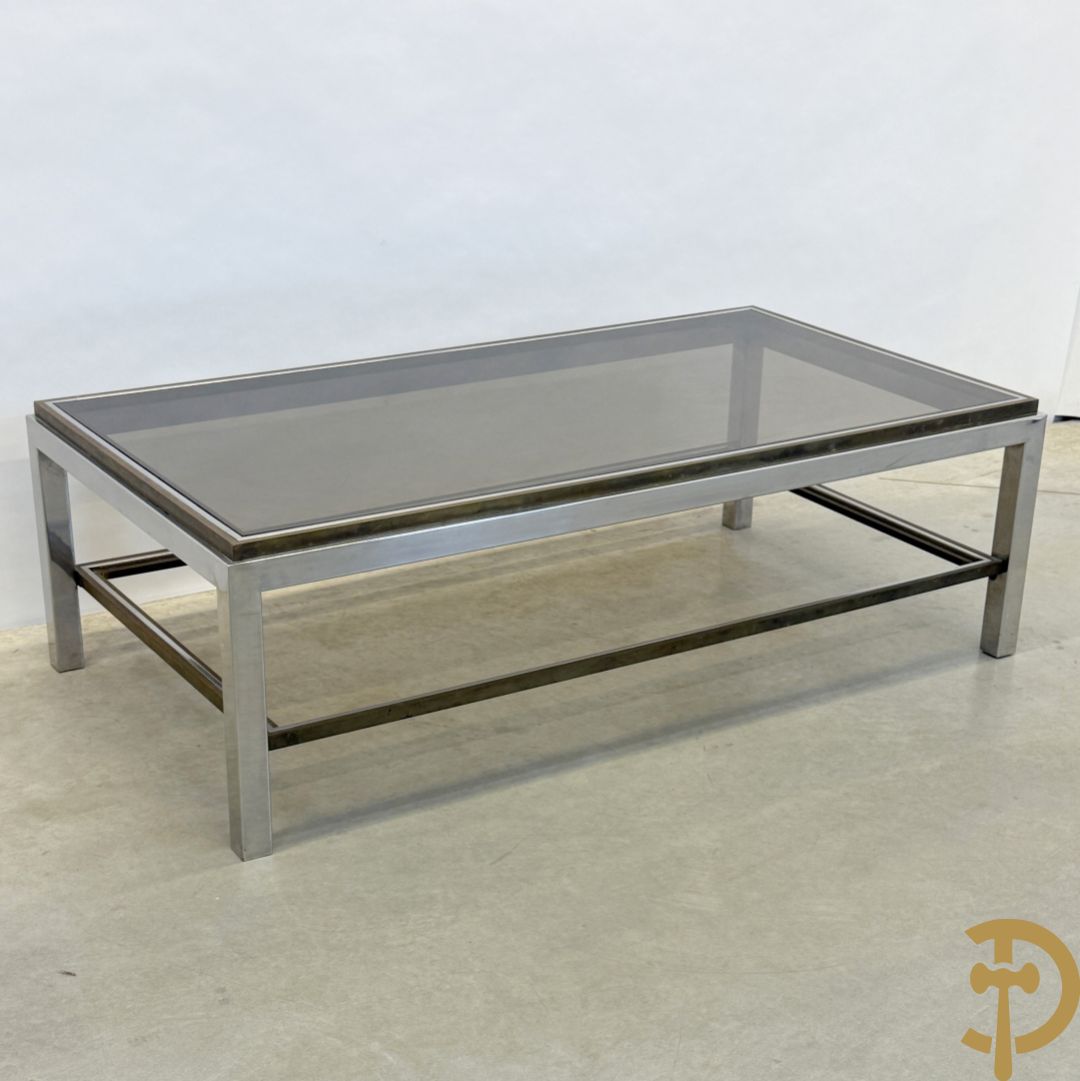 Salontafel met fumé glazen blad, koper en chromé, Belgochrome