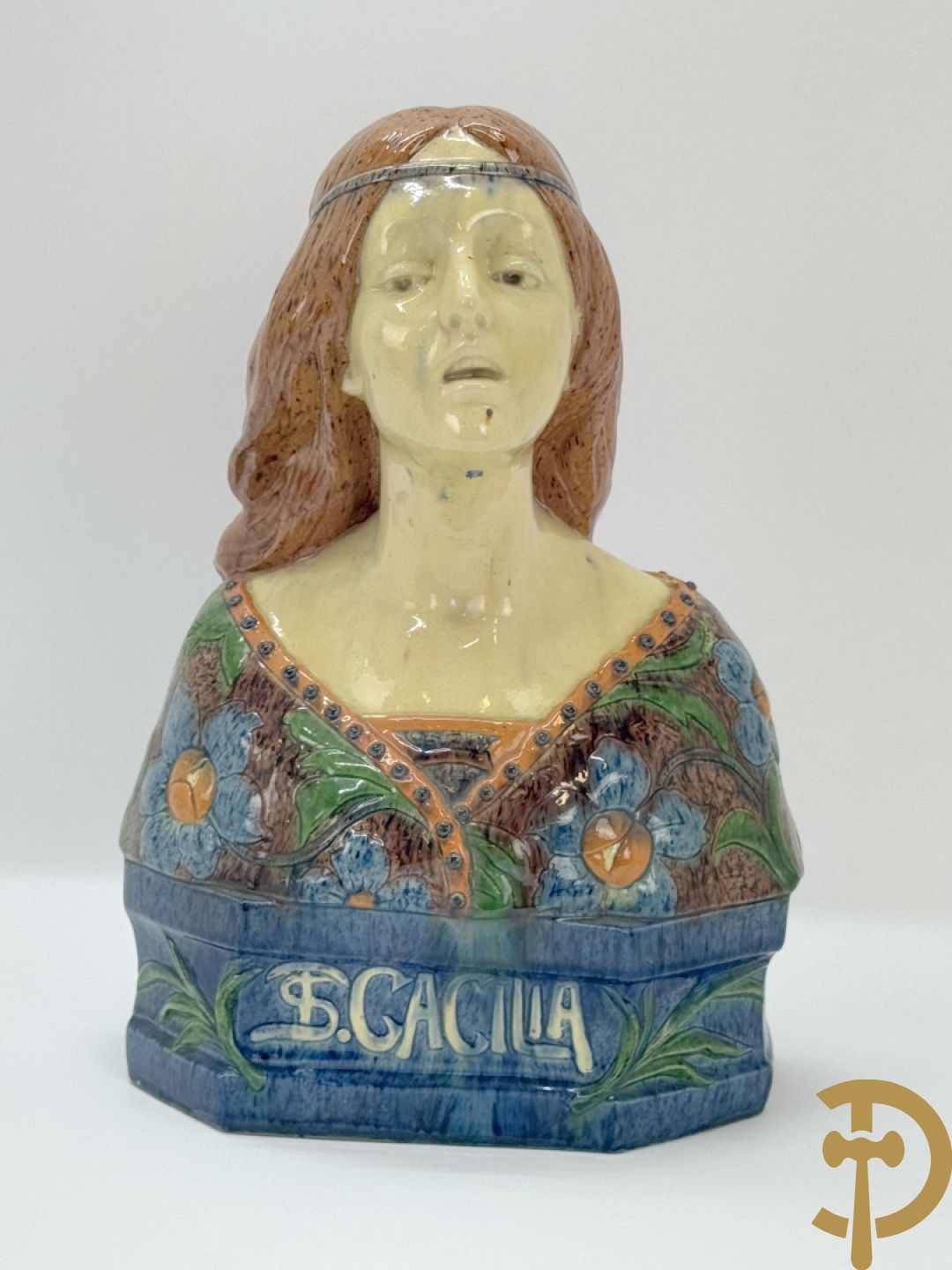 Vlaamse meerkleurige aardewerken Art Nouveau  buste Sint Cecilia