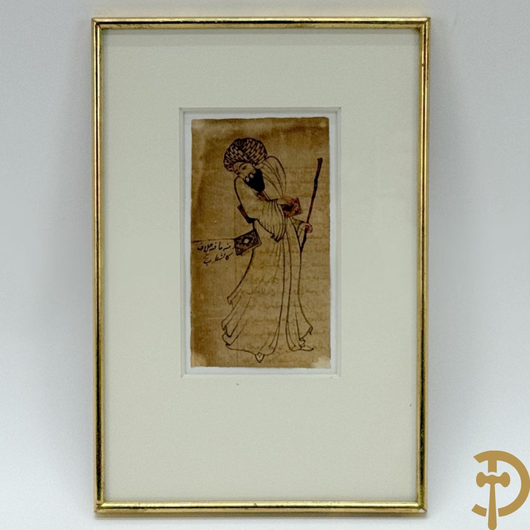 Oud manuscript van orientaalse wijsgeer met staf, waarschijnlijk Avicenna