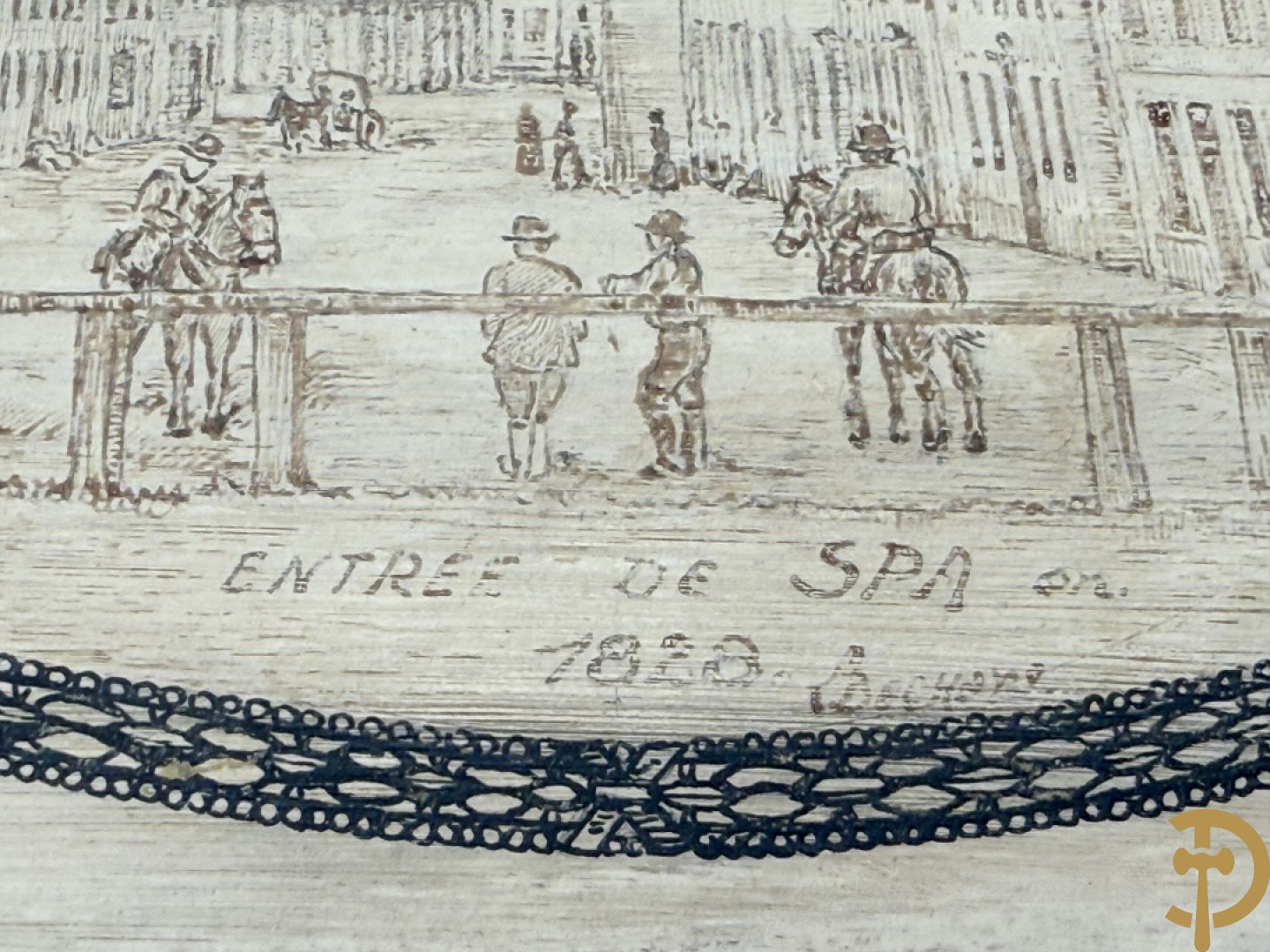 Handbeschilderde tekening op doos omringd met wapenschilden 