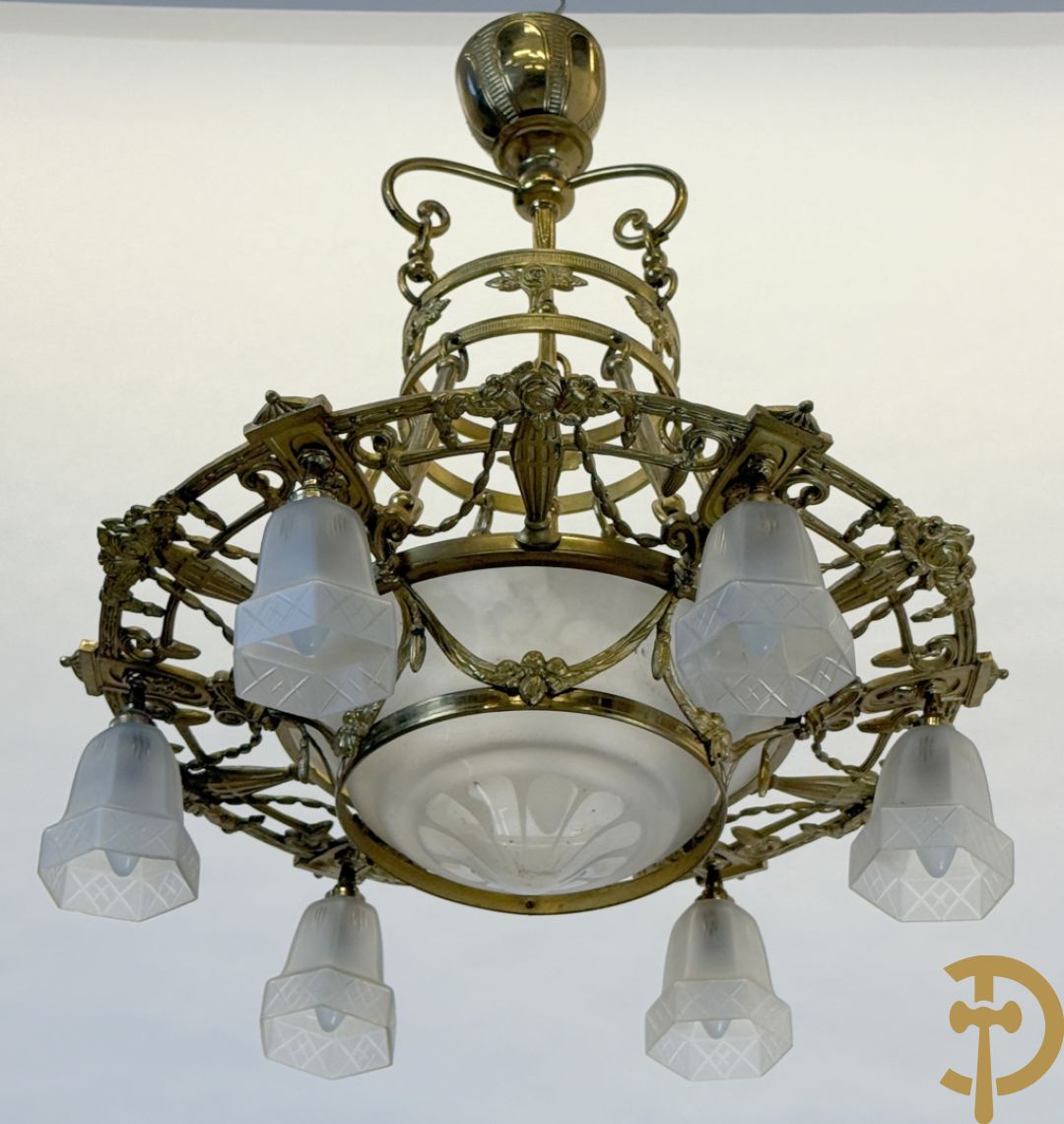 Bronzen zesarmige Art Deco luchter met centrale coupe