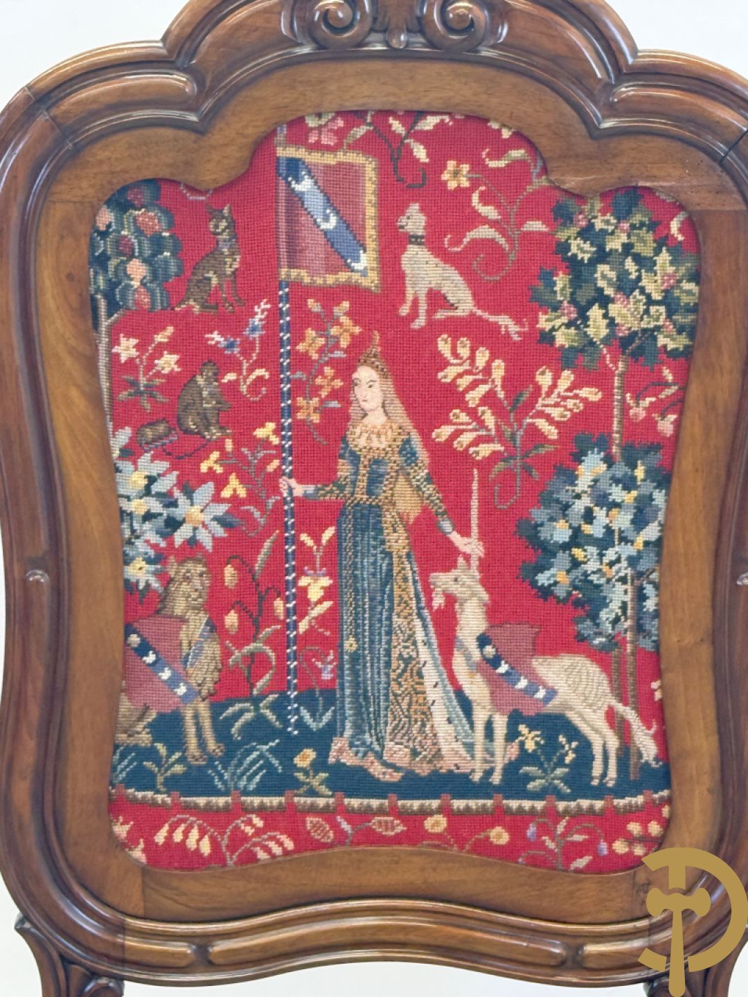 Haardscherm in mahonie met tapisserie