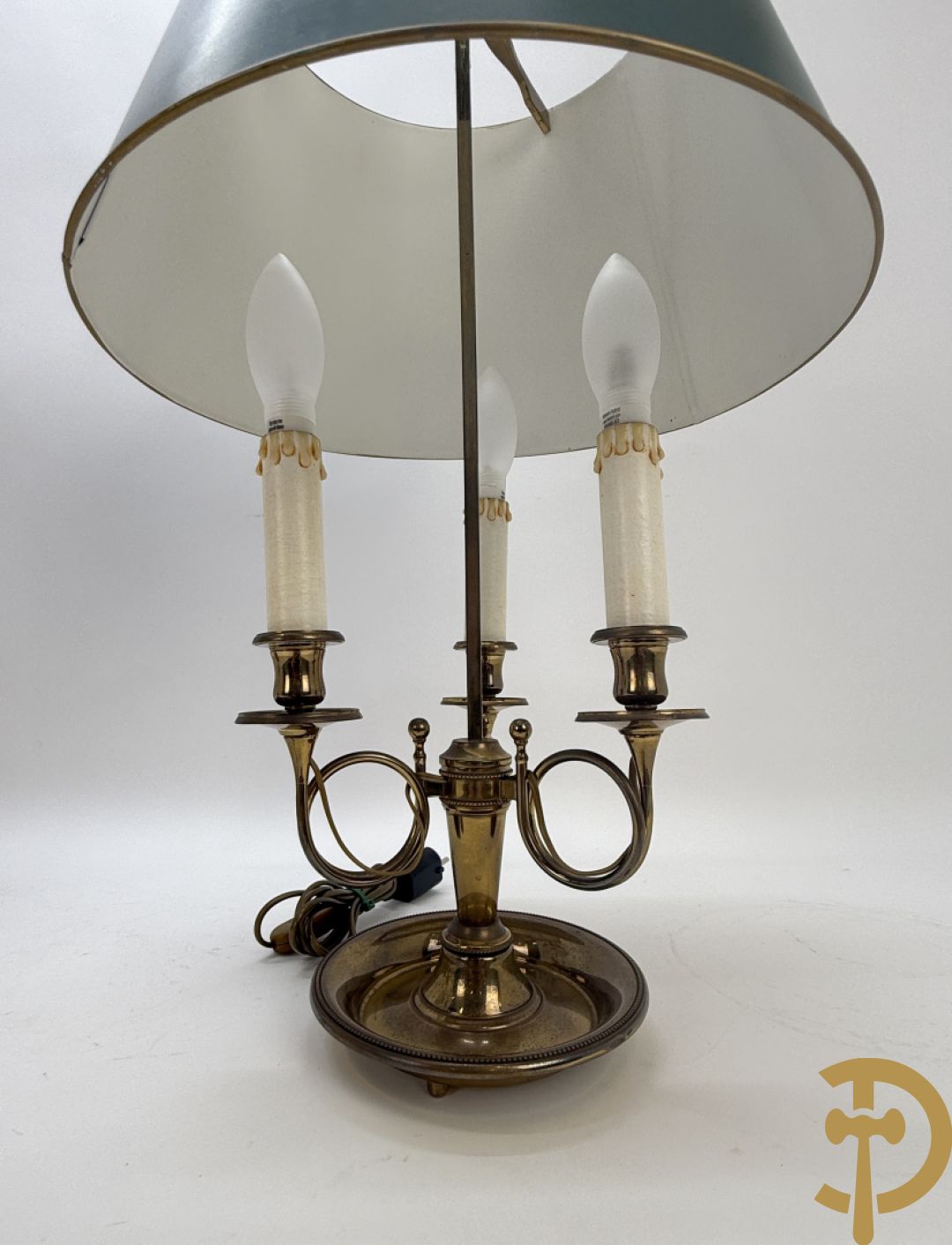 Twee koperen lampes bouillotte, 1 met bovenverlichting en 1 met kaarsenverlichting