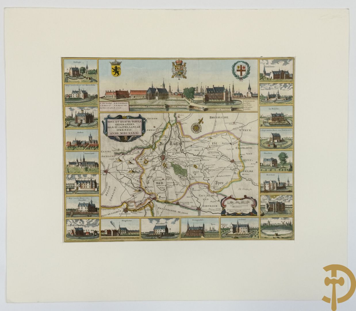 Oude kaart Sanderus met inzet van zicht op stad Ieper en kastelen rond de stad Ieper, 1641