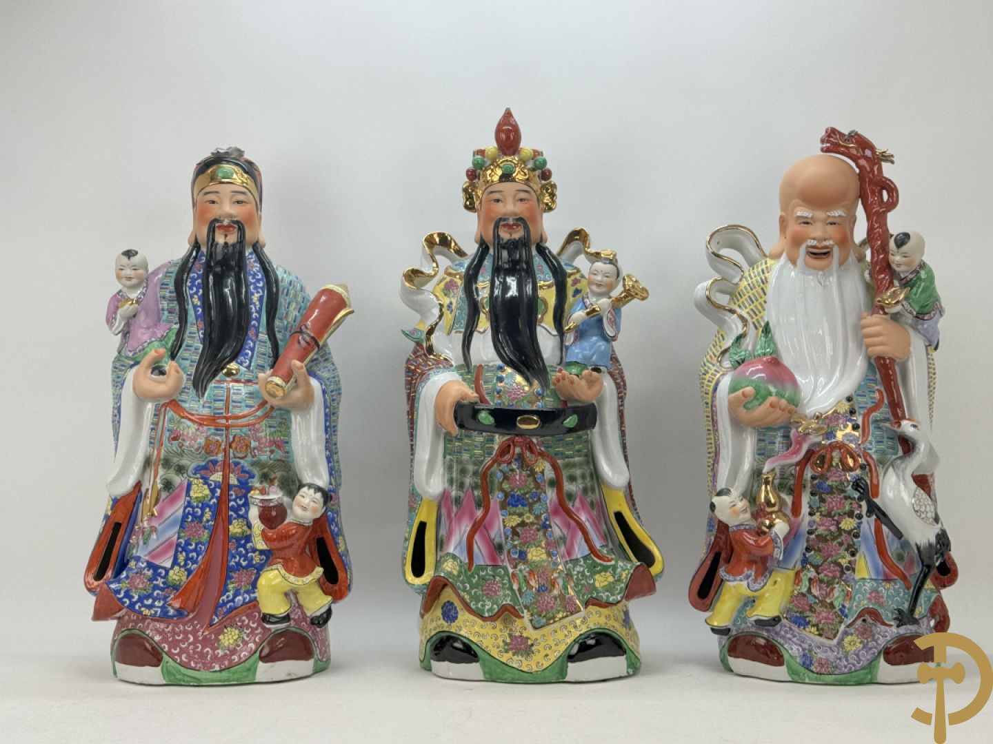 Drie porseleinen wijsgeren, de Chinese geluksgoden Fu Lu Shou, jaren 