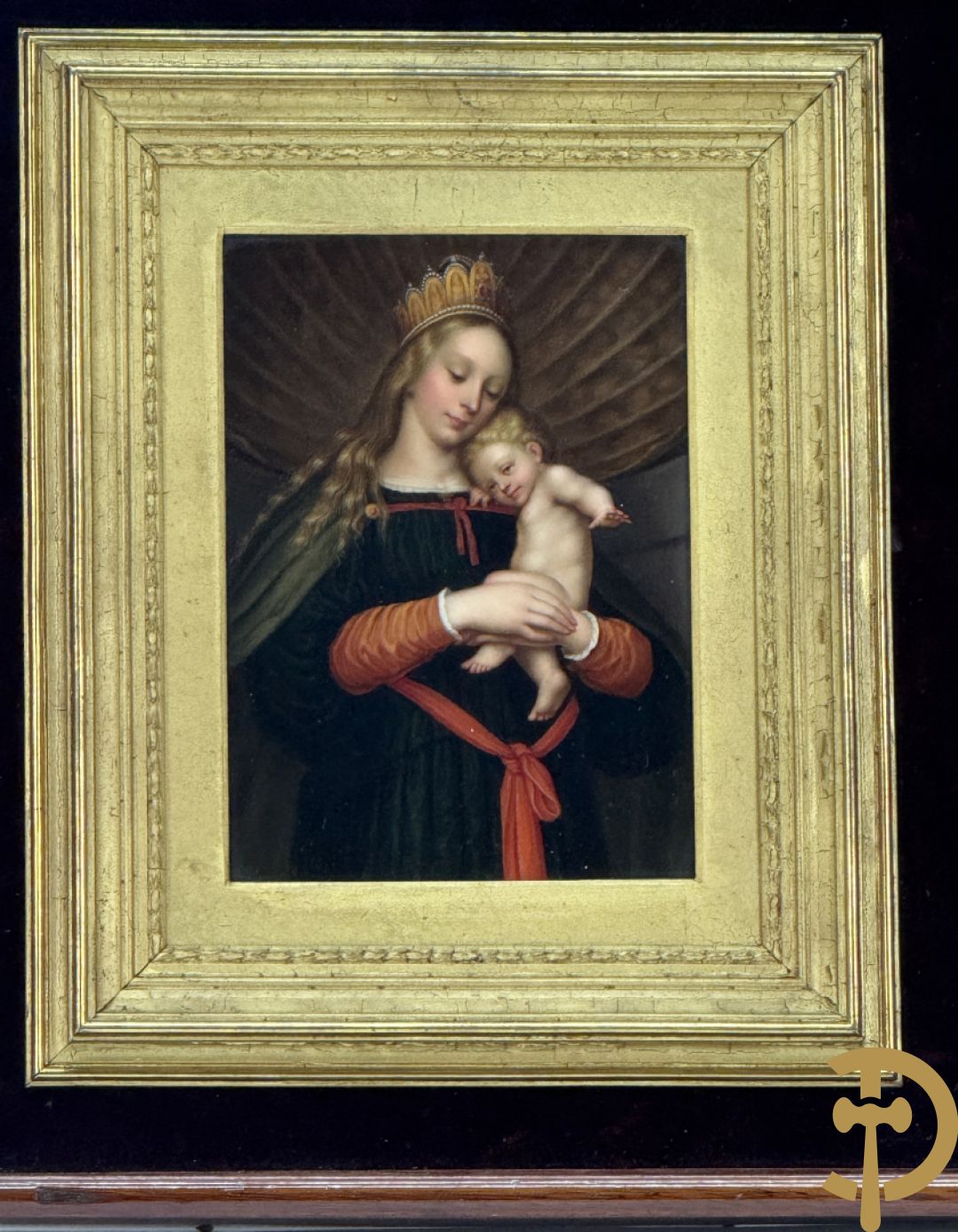 Antieke schilderij met Madonna met kind op porselein beschilderd, naar HOLBEIN