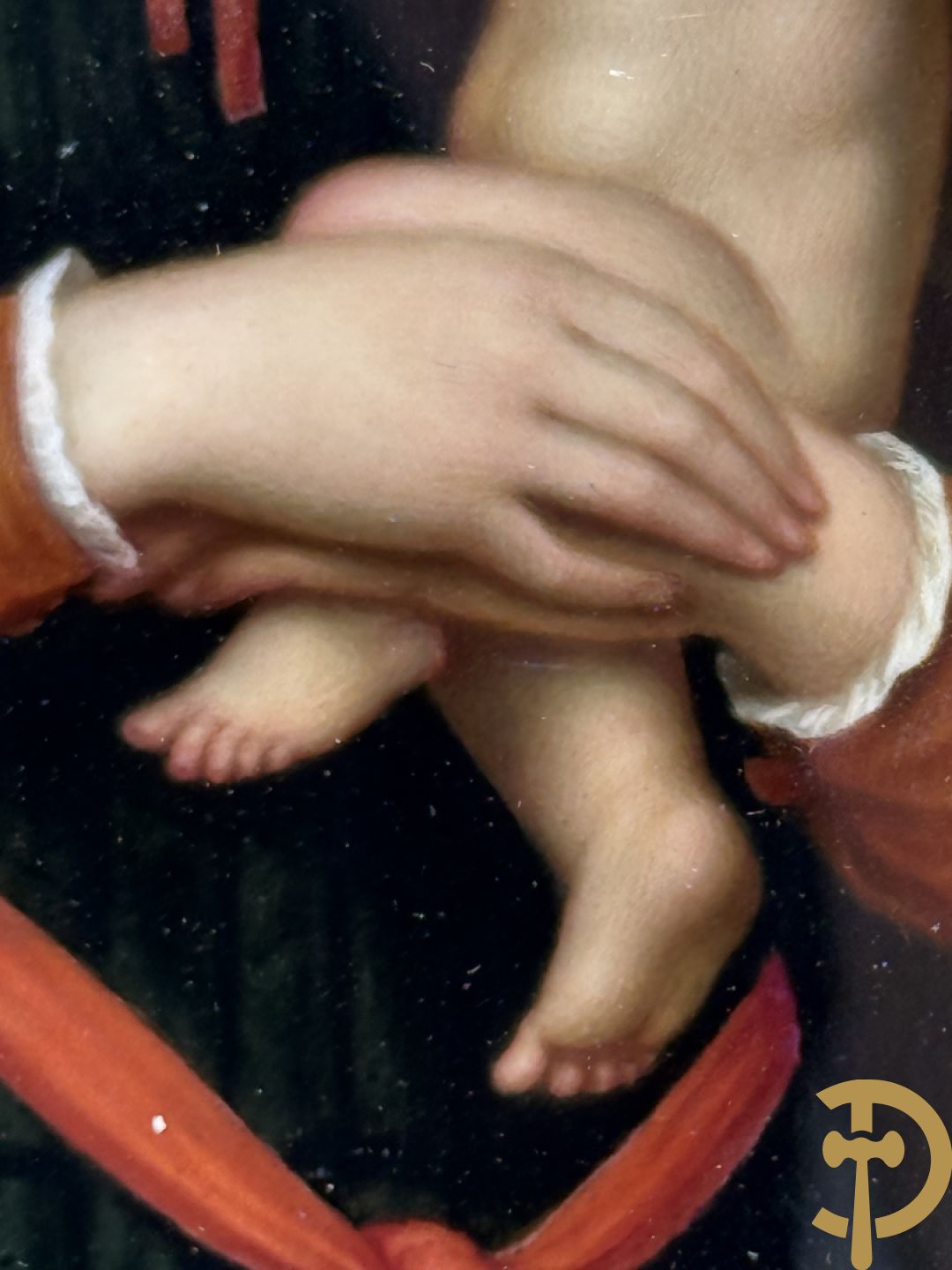 Antieke schilderij met Madonna met kind op porselein beschilderd, naar HOLBEIN