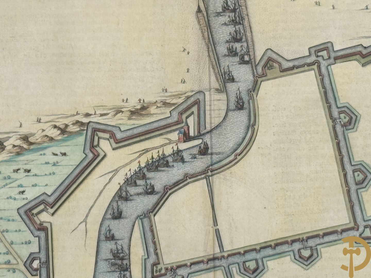 Oud fortificatieplan met zicht op Duynkercka, van Blaue