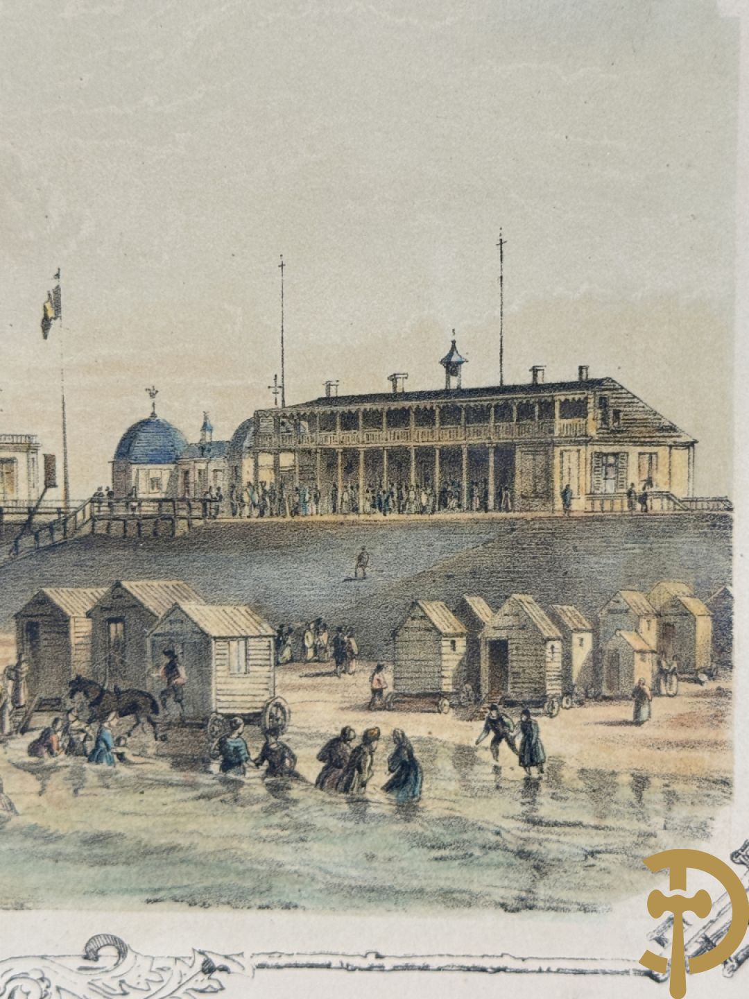 BORREMANS H. (4 stuks) en BUFFA (2 stuks) en CARSE (1 stuk) van - Zeven ingekleurde gravures van Oostende met o.a. Kursaal, vuurtoren, station en pier