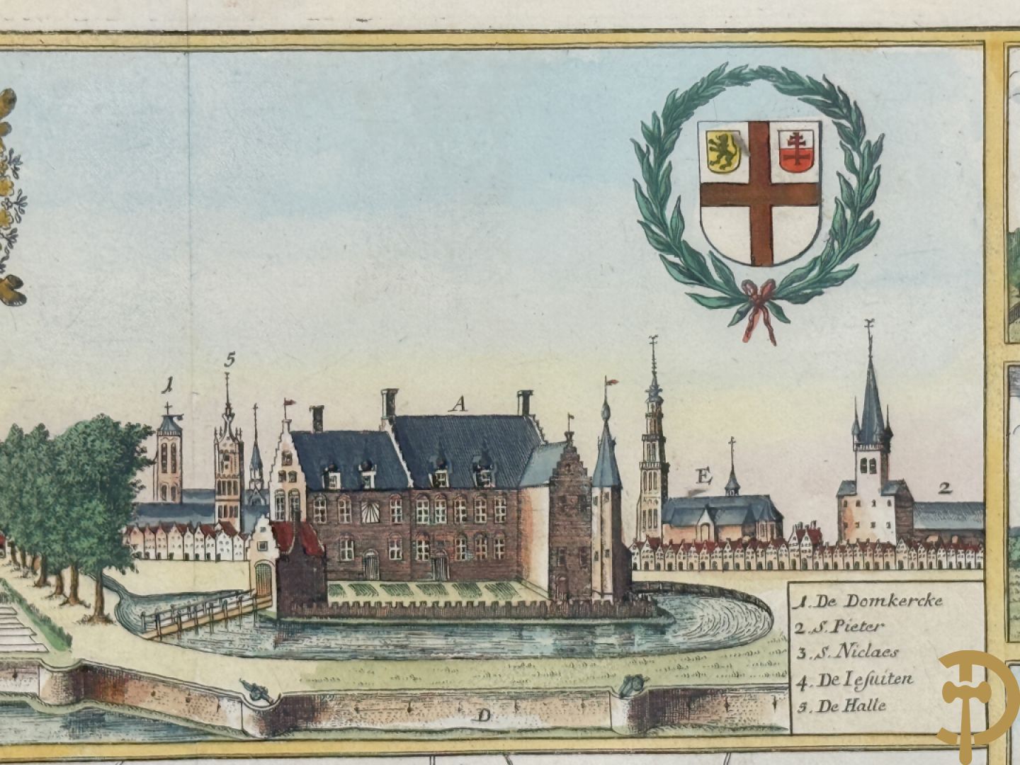 Oude kaart Sanderus met inzet van zicht op stad Ieper en kastelen rond de stad Ieper, 1641