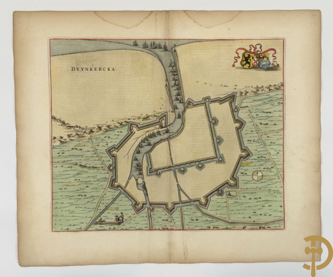 Oud fortificatieplan met zicht op Duynkercka, van Blaue