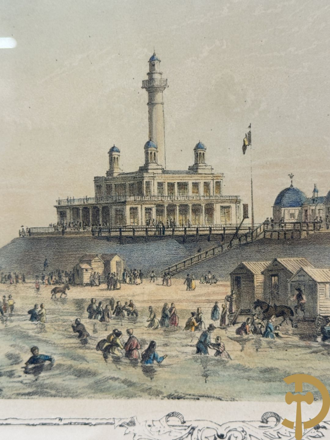 BORREMANS H. (4 stuks) en BUFFA (2 stuks) en CARSE (1 stuk) van - Zeven ingekleurde gravures van Oostende met o.a. Kursaal, vuurtoren, station en pier