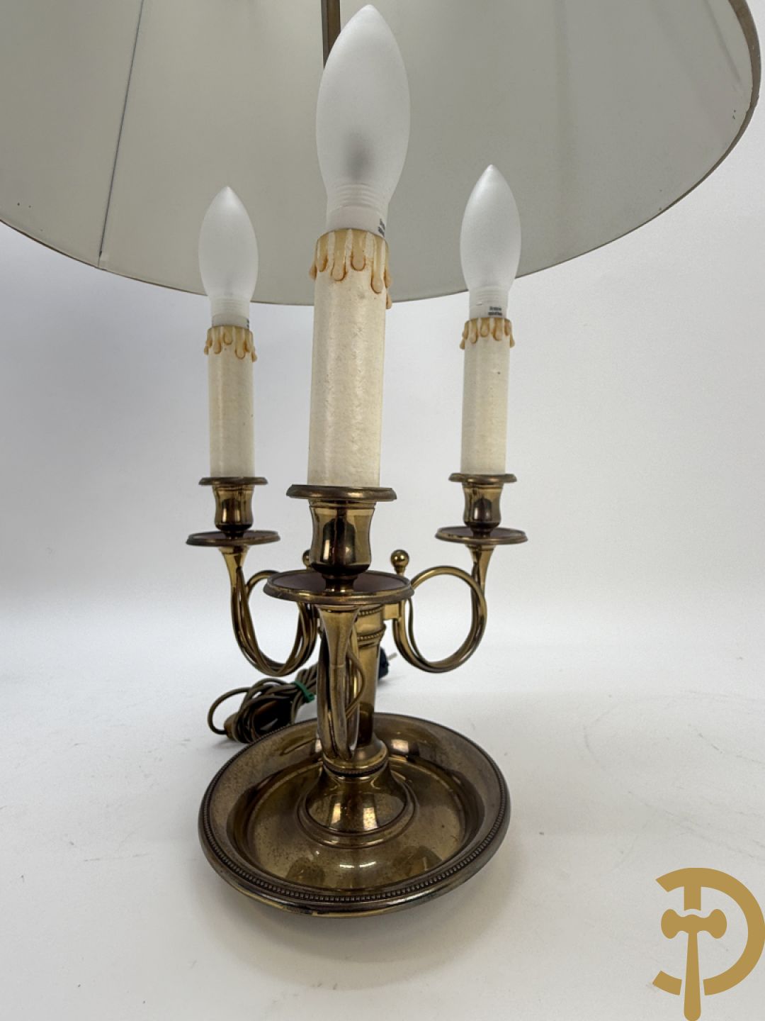Twee koperen lampes bouillotte, 1 met bovenverlichting en 1 met kaarsenverlichting