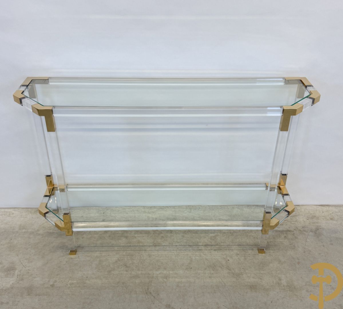 Twee plexi wandtafels met koperen ornamenten, jaren 