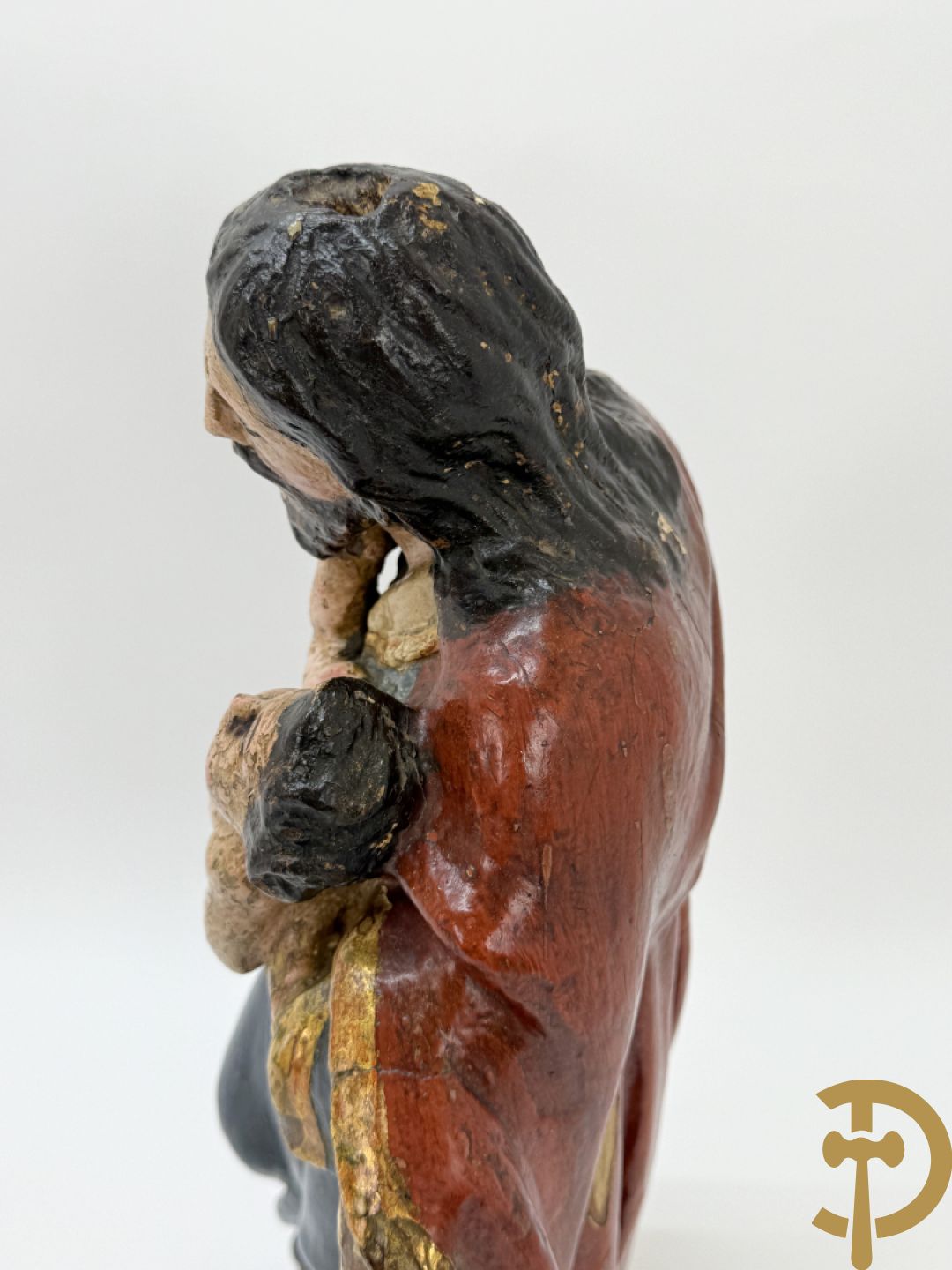 Gepolychromeerde houtsculptuur van Jozef met kindje Jezus