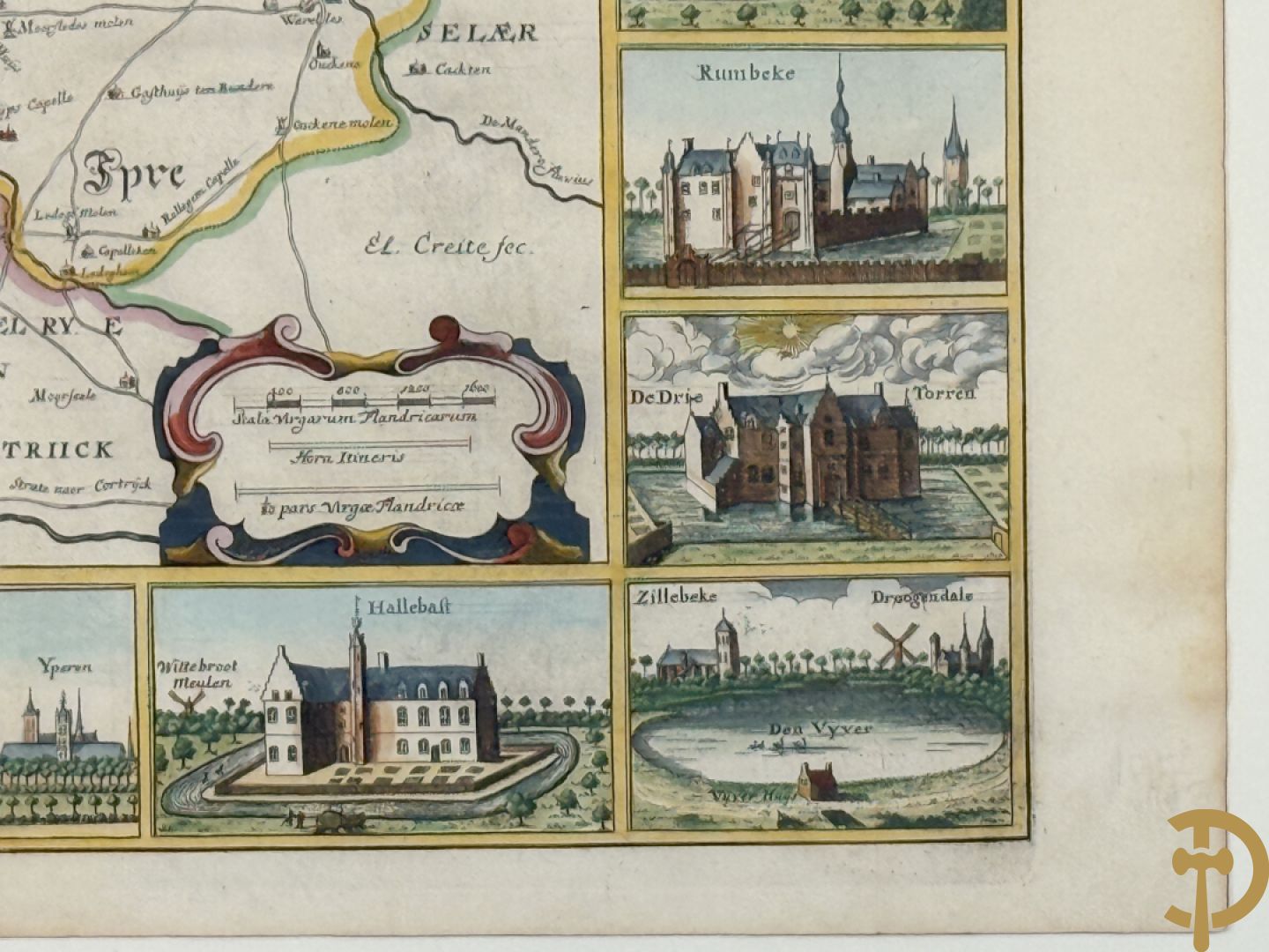 Oude kaart Sanderus met inzet van zicht op stad Ieper en kastelen rond de stad Ieper, 1641