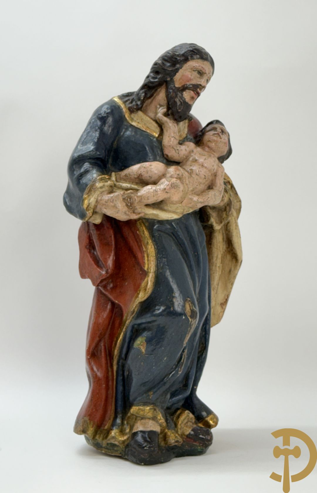 Gepolychromeerde houtsculptuur van Jozef met kindje Jezus
