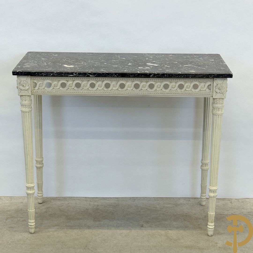 Houtgesculpteerde en gepolychromeerde Louis XVI console met grijs marmeren blad