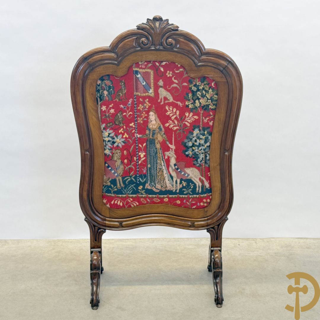 Haardscherm in mahonie met tapisserie