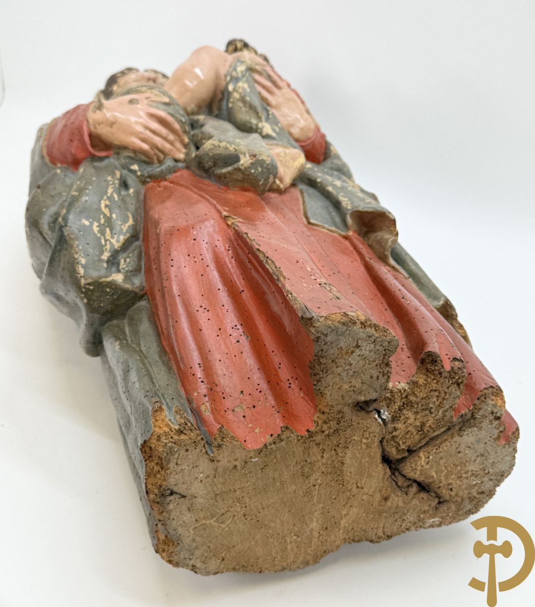 Gepolychromeerde houtsculptuur Madonna met rode jurk en kind, 18e