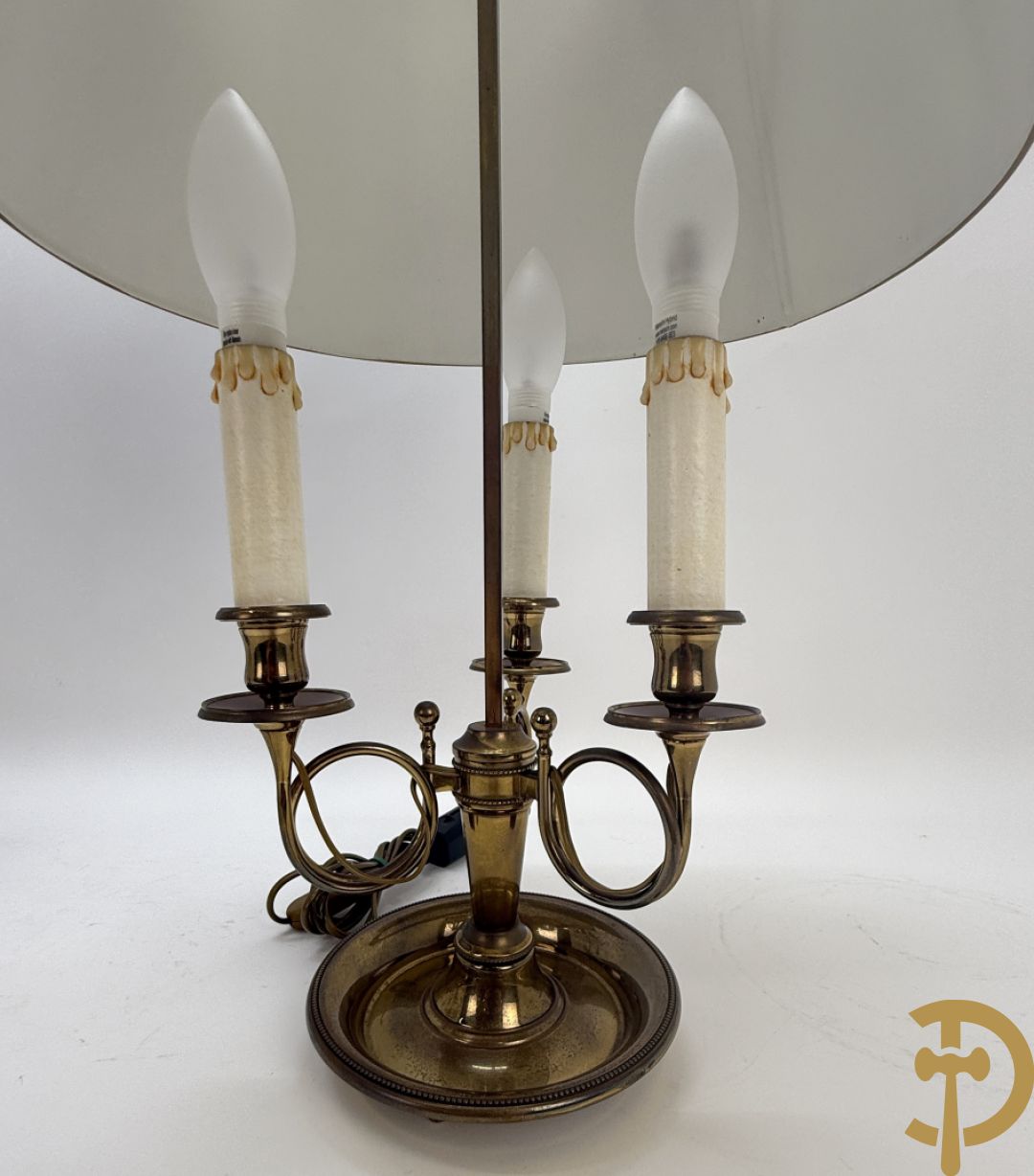 Twee koperen lampes bouillotte, 1 met bovenverlichting en 1 met kaarsenverlichting