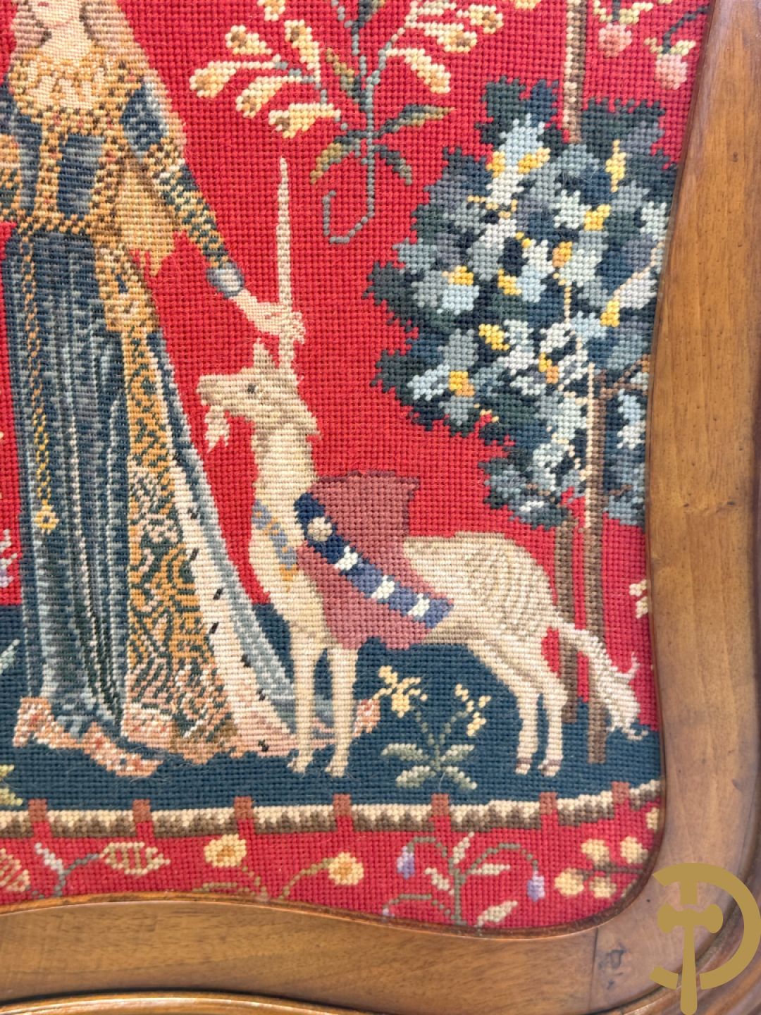 Haardscherm in mahonie met tapisserie