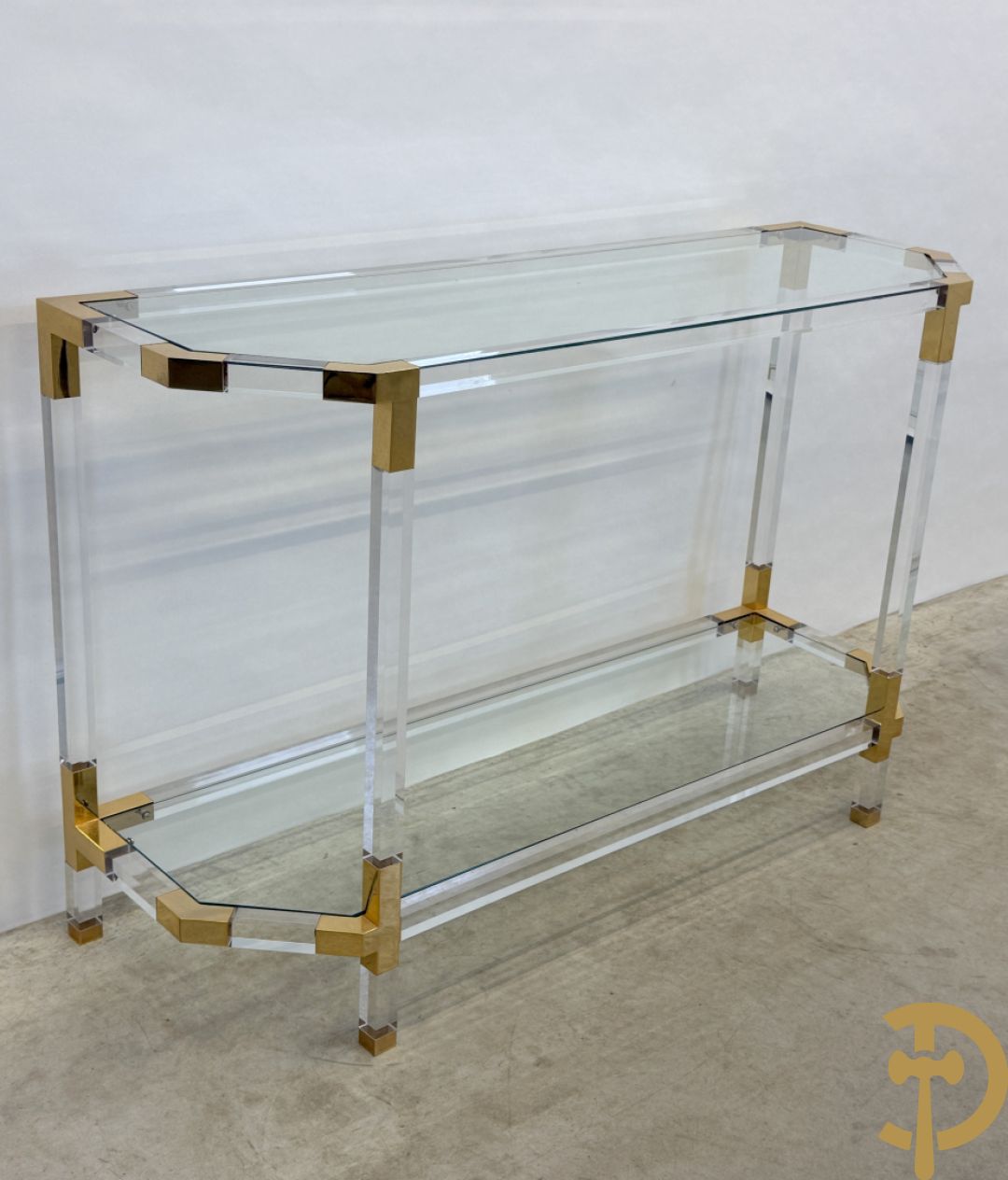 Twee plexi wandtafels met koperen ornamenten, jaren 