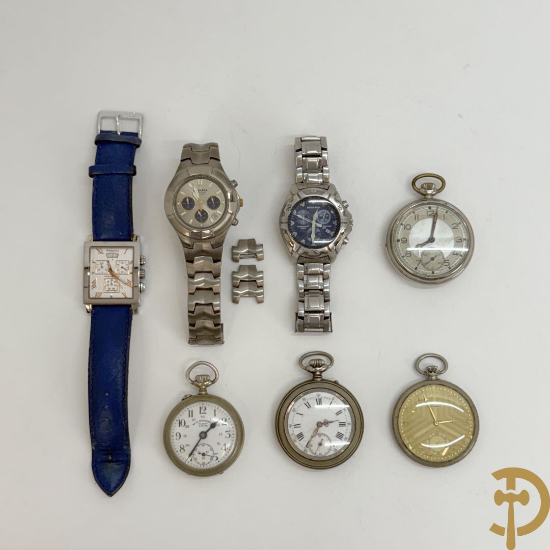 Drie polshorloges Rodania + 4 zakhorloges w.o. Roskopf en Roamer