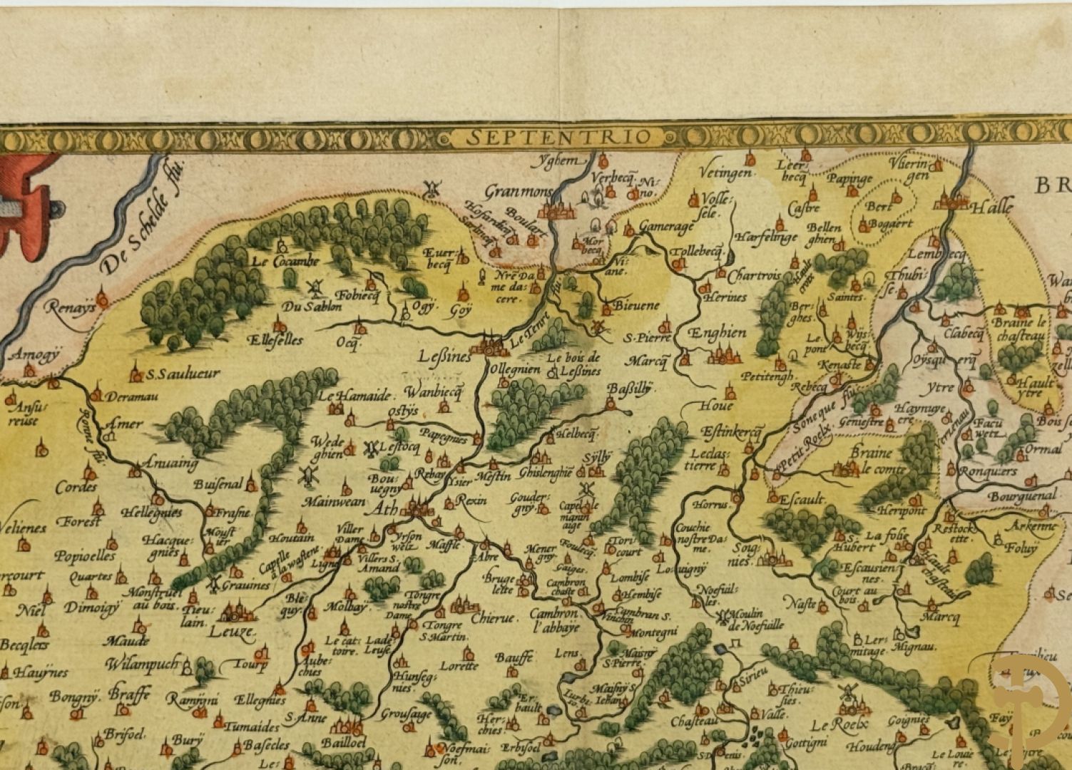 Oud handgekleurde kaart van Ortelius, zicht op Henegouwen, 1572