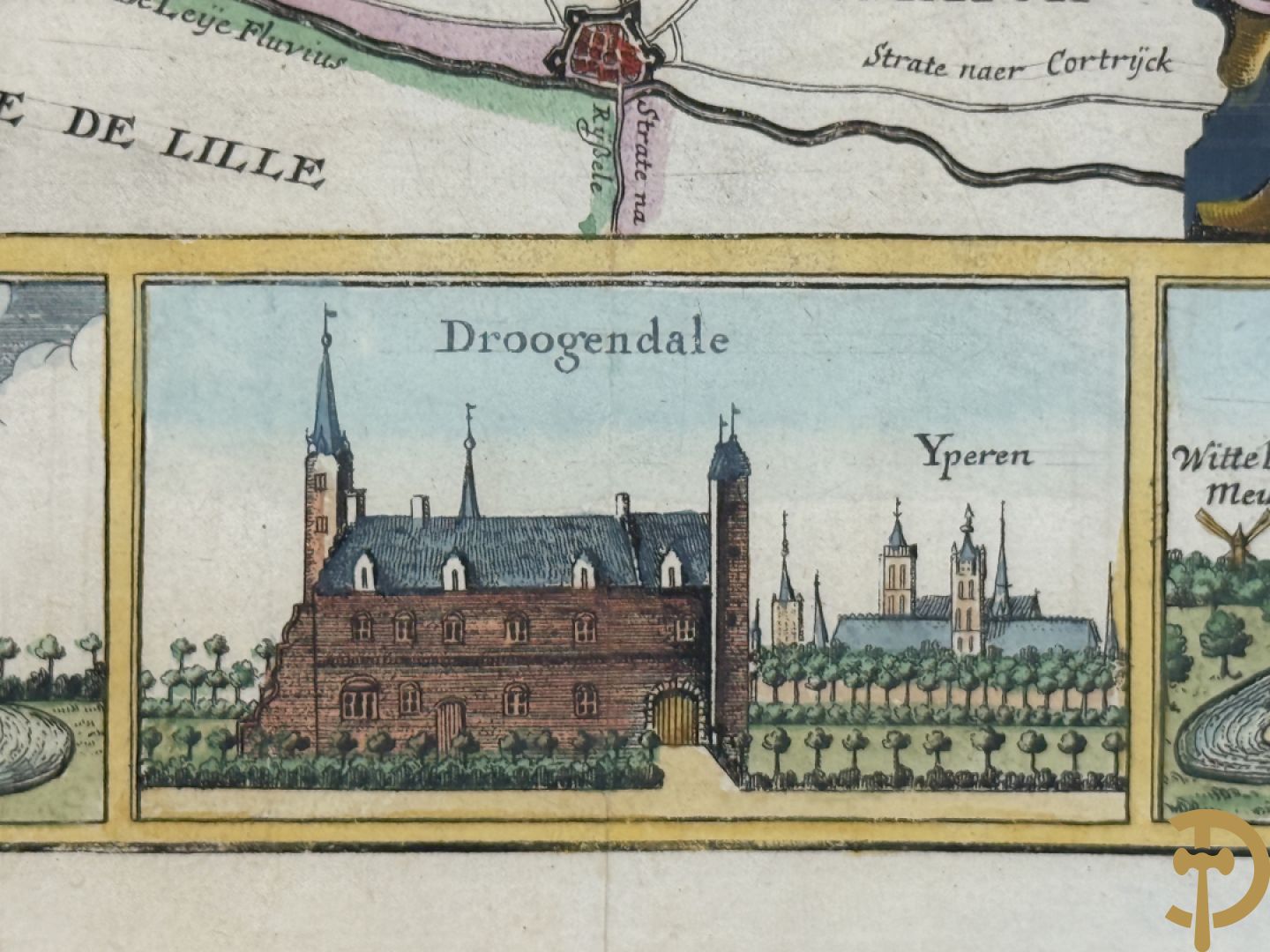 Oude kaart Sanderus met inzet van zicht op stad Ieper en kastelen rond de stad Ieper, 1641