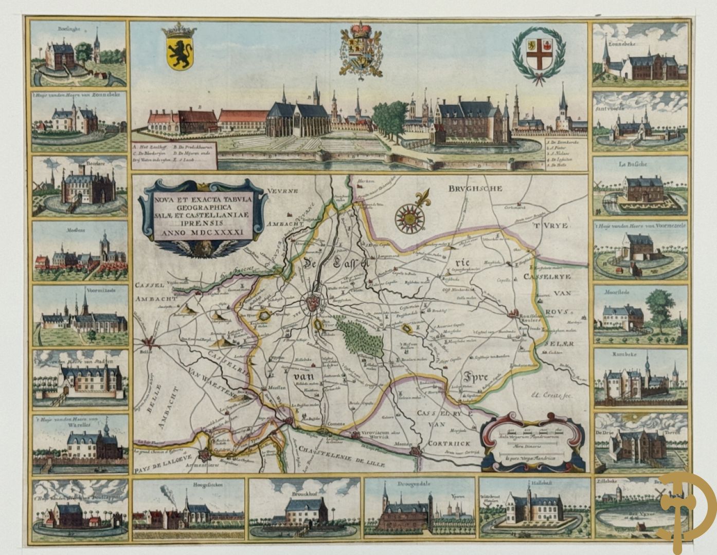 Oude kaart Sanderus met inzet van zicht op stad Ieper en kastelen rond de stad Ieper, 1641